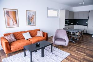 a living room with a couch and a table at Rigeli Apartments in Kosovo Polje