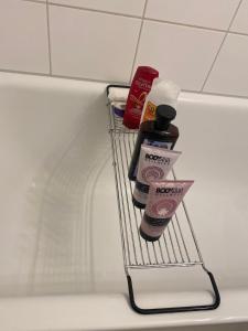 estante con artículos de aseo junto a la bañera en Apartment in Schaffhausen - Nähe Rheinfall, en Schaffhausen