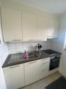 Una cocina con gabinetes blancos y un fregadero. en Apartment in Schaffhausen - Nähe Rheinfall, en Schaffhausen 4 fotos más