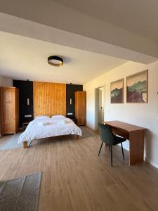 un dormitorio con una cama y un escritorio en Cabana NORD, en Ciban