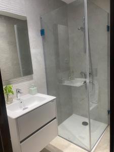 une salle de bain avec douche et lavabo dans l'établissement Bo app aïn zaghouén la marsa, à La Marsa 4 autres photos
