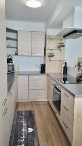 Una cocina con gabinetes de madera y electrodomésticos de acero inoxidable. en apartment77, en Bad Ischl