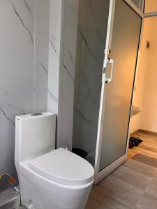 a bathroom with a white toilet and a shower at Pine 2 bedroom apartment with a pool in Nanyuki