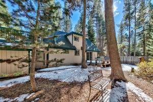サウス・レイクタホにある1207S Cabin in the Pinesの庭のベンチ付き森の家