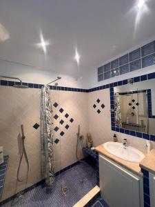 a bathroom with a sink and a shower at Palumbalza Marinella sea in Marinella