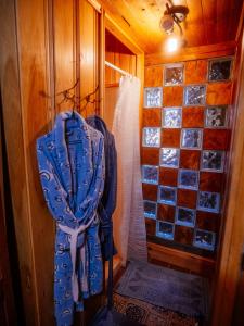 La salle de bains est pourvue d'une douche avec un rideau bleu. dans l'établissement Chalet de la Montagne, à Sainte-Rose-du-Nord 41 autres photos