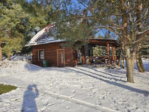 a small wooden cabin in the snow with a tree at Skrzynia in Skrzynia +7 photos