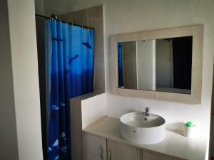 bagno con lavandino e tenda doccia blu di Poisson d'Or Guest House a Port Mathurin