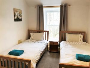 two twin beds in a room with a window at Tan-Y-Garth Cottage Snowdonia in Conwy