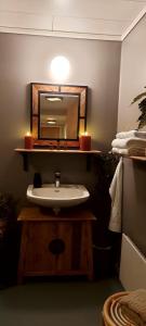 a bathroom with a sink and a mirror at The Cloudberry Hostel in Näsåker