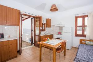 a kitchen with a table and a kitchen with a refrigerator at Thalassia Studios in Kalamitsa +60 photos