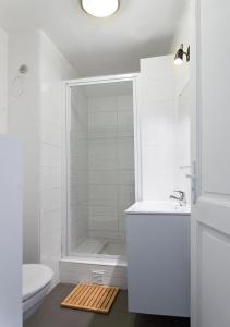 a bathroom with a shower and a toilet and a sink at Appartement Avec Terrasse in Honfleur