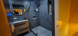 a bathroom with a shower with a sink and a mirror at Superior Familiekamer 4 personen OF Privékamer 2 personen in Anna Paulowna