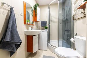 a bathroom with a toilet sink and a shower at Old Town Heaven Apartment in Gdańsk +11 photos