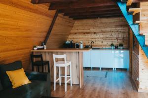a kitchen with a bar in a wooden cabin at Mosia Lui Mati in Tohani
