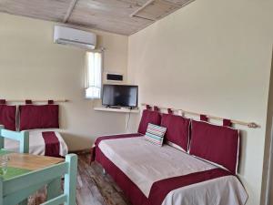 a room with two beds and a flat screen tv at Mis Cabañas La Misión in Salta