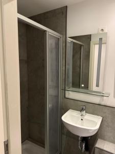 a bathroom with a sink and a shower with a mirror at Ferienwohnung Centro 2 in Bremerhaven