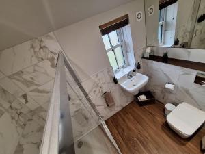 a bathroom with a sink and a shower and a toilet at Luxurious Cottage Machrihanish in Drumlemble +21 photos
