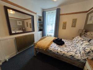布里克瑟姆Harbour View Ground Floor Flat with Private Parking, only 5 Mins walk to harbour的带床和大镜子的卧室