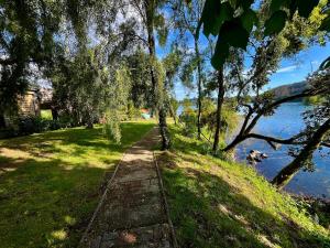 a path next to a body of water with trees at La Casa Del Lago in Puerto Octay +25 photos