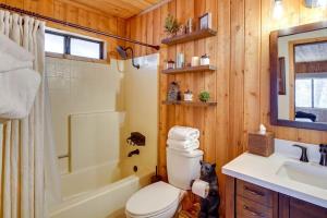 a bathroom with a toilet and a tub and a sink at The Drowsy Den With Firepit & BBQ Plus Large Patio in Big Bear Lake +15 photos