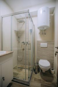 a bathroom with a shower with a toilet and a sink at White Blue Ohrid - Luxury Apt, City Center, Private Parking, Balcony, near Ohrid Lake in Ohrid