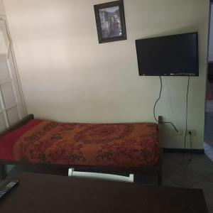 Un dormitorio con una cama y un televisor de pantalla plana. en Puerto Principe, en Pinamar