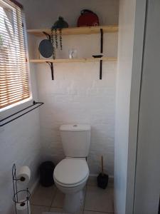 a bathroom with a white toilet and shelves at Studio 12 in Strand
