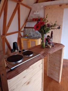 a kitchen with a counter with a vase of flowers at Domobosque in Ancud