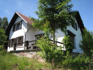 a white house with a tree in front of it at Dom Mossa in Stara Rzeka