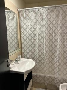 a bathroom with a sink and a shower curtain at Monoambiente13 Zona Catedral by Lofter in La Plata