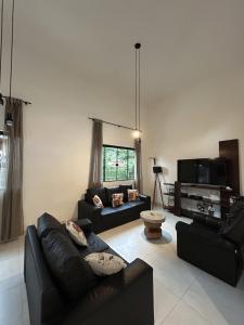 ein Wohnzimmer mit zwei Sofas und einem Fernseher in der Unterkunft Vilarejo Leme in São Sebastião