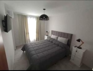 a bedroom with a large bed and a pendant light at Apart Center in Río Cuarto