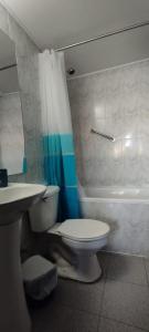 a bathroom with a toilet and a sink and a tub at Hostal Maravillas del Sur in Villarrica +52 photos