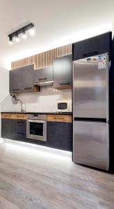 una cocina con refrigerador de acero inoxidable en ALMAR We Go Puerto Santiago! Habitaciones Privadas en piso compartido- Private Rooms in modern shared Apartment, en Puerto de Santiago