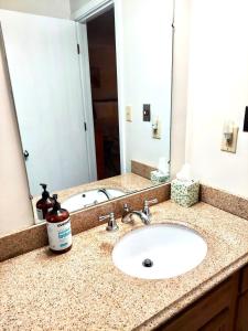 a bathroom counter with a sink and a mirror at Marina Vista Condo III in New Bern