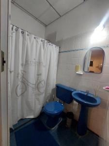 a bathroom with a blue toilet and a shower curtain at A&C Temporarios in Corrientes