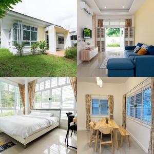 a collage of pictures of a bedroom and a living room at อรุณวิภา บ้านพักสำหรับครอบครัว อำเภอเมืองหนองคาย in Ban Na Kai