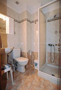 a bathroom with a toilet and a shower and a sink at Artemis Traditional Hotel in Myrina