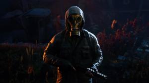 a man in a gas mask holding a gun at Chhetri Homestay in Rhenok