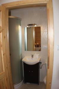 a bathroom with a sink and a mirror at Pokoje Gościnne Jurgowianka in Jurgów