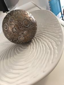 a rock sitting on top of a white plate at Cozy studio with balcony and free secure parking in Pau