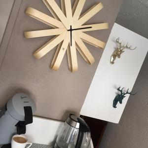 a clock on the wall with two deer heads on it at Cozy studio with balcony and free secure parking in Pau +2 photos