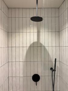 a bathroom with a shower with a shadow on the wall at Luxury Suite - Amsterdam Lounge in Amsterdam