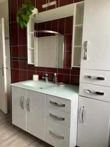 a white bathroom with a sink and a mirror at Maison de la forêt in Auxonne