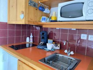 a kitchen counter with a sink and a microwave at Studio Bareges in Barèges