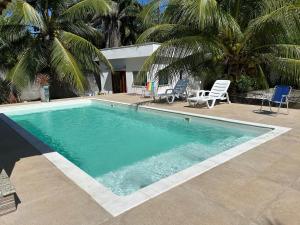 a swimming pool with two chairs and palm trees at Casa Itacimirim in Camacari