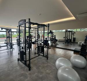a gym with several exercise equipment in a room at Quinta Santa Bárbara Pirenópolis in Pirenópolis