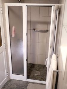 a shower with a glass door in a bathroom at Green Valley Cruzinhas House with Fireplace & BBQ in Santana