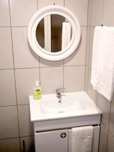 a bathroom with a sink and a mirror at Green Valley Cruzinhas House with Fireplace & BBQ in Santana +34 photos